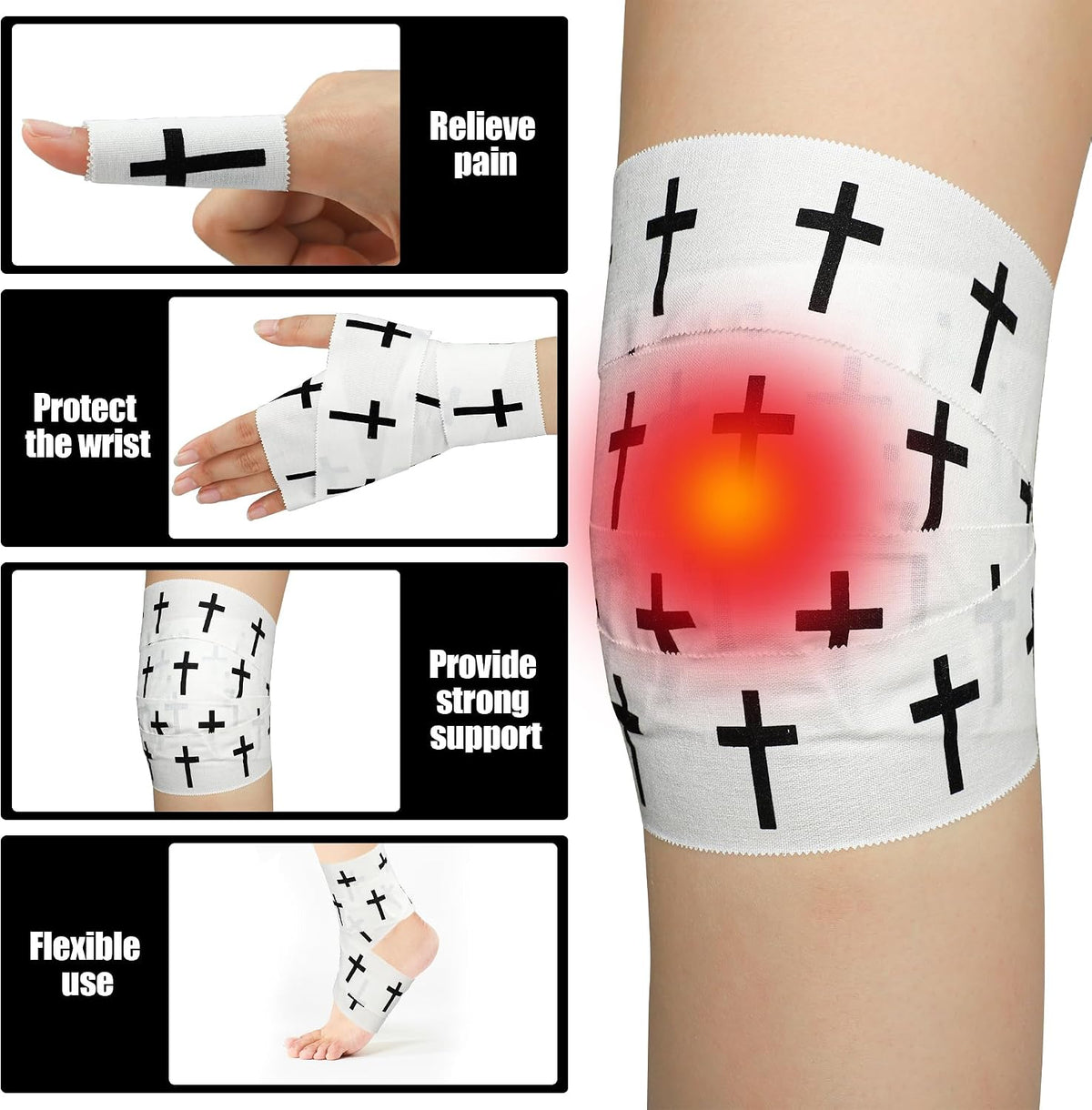 4 Pcs Christian Athletic Tapes Religious Sport Tape with Cross White Black Cross Athletic Wrist Tapes for Sports Gymnastics Tennis Baseball Boxing Athlete First Aid Injury Wrap, 2inx23ft