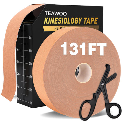 (2in X 131ft) TEAWO Kinesiology Tape Bulk Roll, Waterproof Hypoallergenic Latex-Free Sports Tape, Muscle & Joint Support for Athletes, Free Cut with Bonus Specialized Scissors (Black)