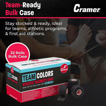 Cramer Team Color Athletic Tape, Black, Latex-Free, 1.5" x 15yds, 32 Roll Bulk Case, Tearable Sports Tape for Wrists, Ankles, Baseball, Training, Strong Athletic Wrap for Athletes & Trainers