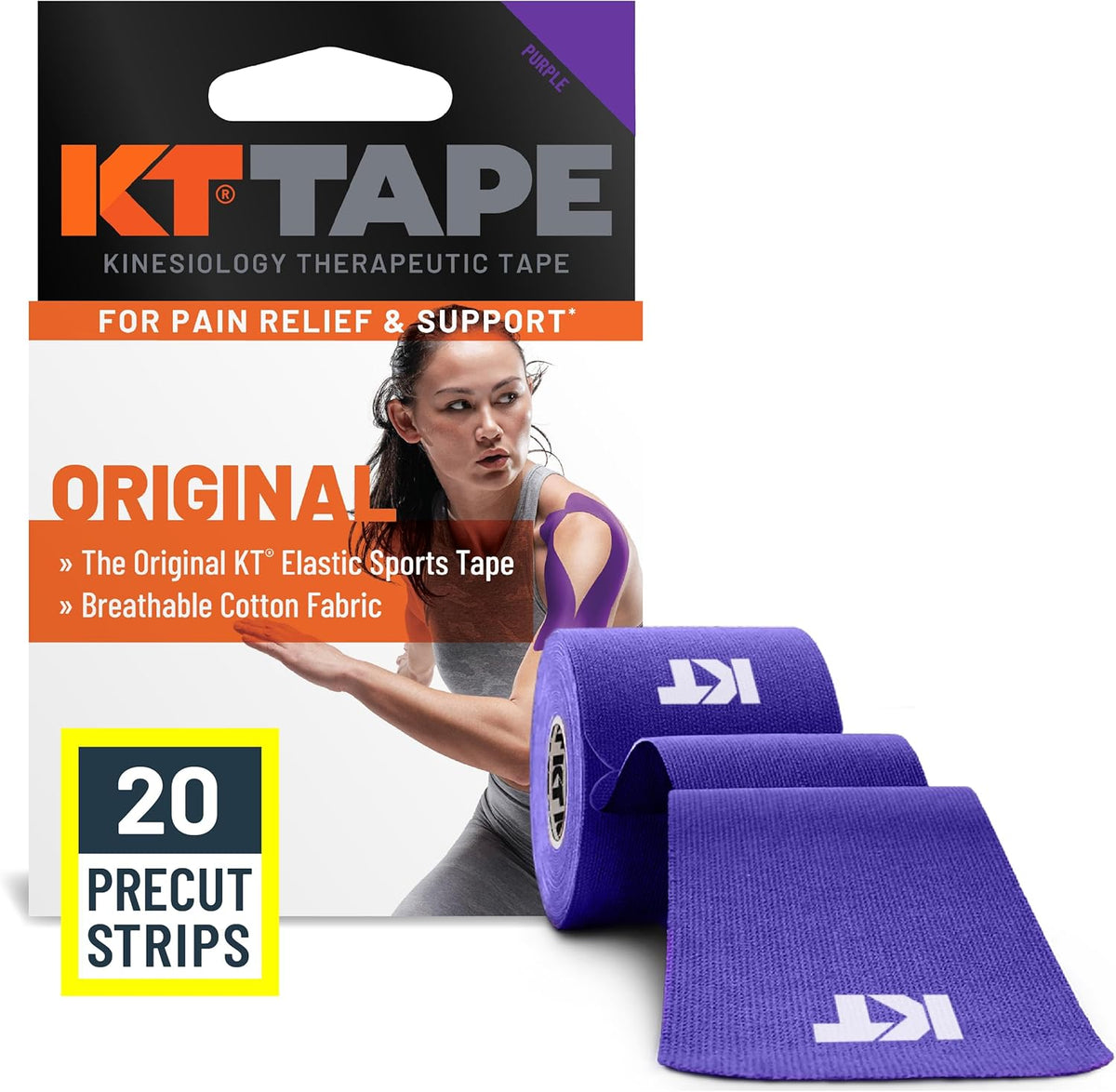 KT Tape, Original Cotton, Elastic Kinesiology Athletic Tape, 20 Count, 10” Precut Strips, Purple