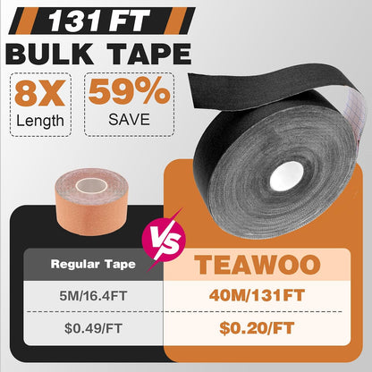 (2in X 131ft) TEAWO Kinesiology Tape Bulk Roll, Waterproof Hypoallergenic Latex-Free Sports Tape, Muscle & Joint Support for Athletes, Free Cut with Bonus Specialized Scissors (Black)