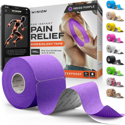 Kinesiology Tape - Waterproof Athletic Sports Tape for Knee, Shoulder, Arm & Back Support | 3-5 Day Adhesion, Hypoallergenic & Latex-Free + Taping Guide (Precut, 2"x16.4ft Roll, Indigo Purple)