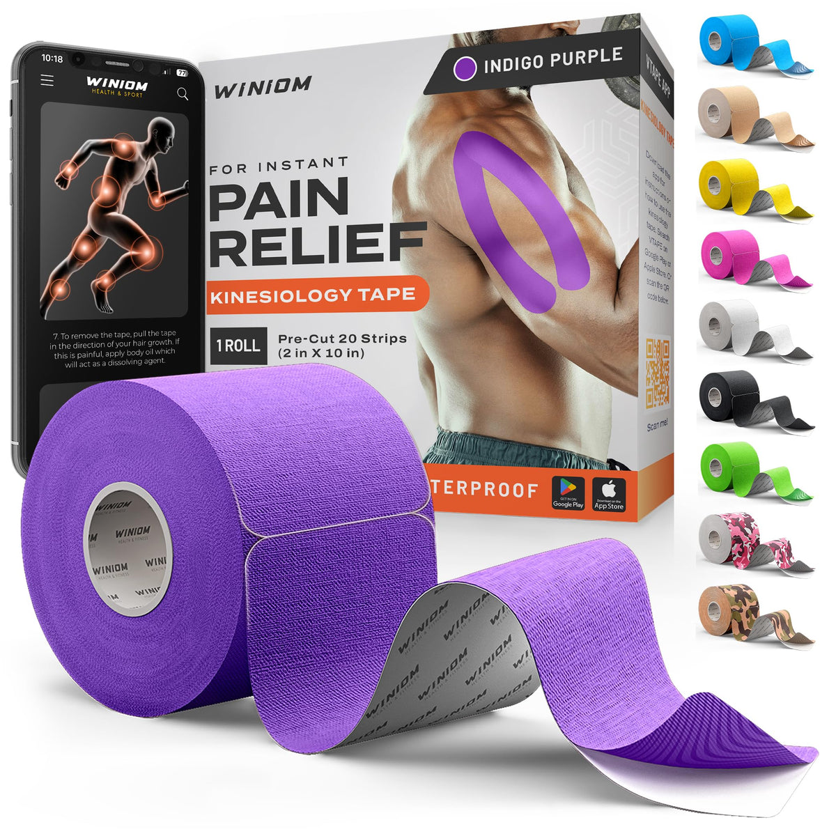 Kinesiology Tape - Waterproof Athletic Sports Tape for Knee, Shoulder, Arm & Back Support | 3-5 Day Adhesion, Hypoallergenic & Latex-Free + Taping Guide (Precut, 2"x16.4ft Roll, Indigo Purple)