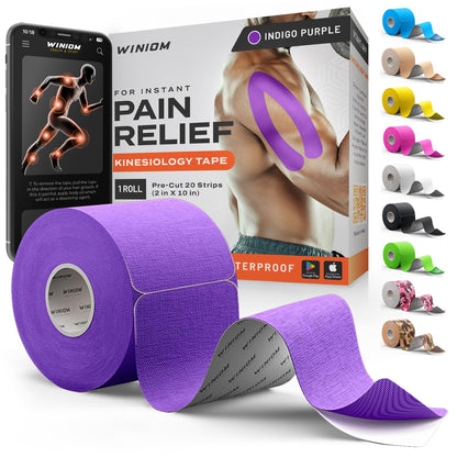 Kinesiology Tape - Waterproof Athletic Sports Tape for Knee, Shoulder, Arm & Back Support | 3-5 Day Adhesion, Hypoallergenic & Latex-Free + Taping Guide (Precut, 2"x16.4ft Roll, Indigo Purple)