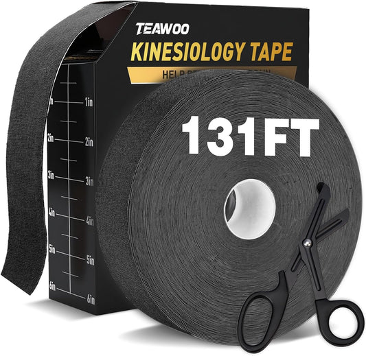 (2in X 131ft) TEAWO Kinesiology Tape Bulk Roll, Waterproof Hypoallergenic Latex-Free Sports Tape, Muscle & Joint Support for Athletes, Free Cut with Bonus Specialized Scissors (Black)