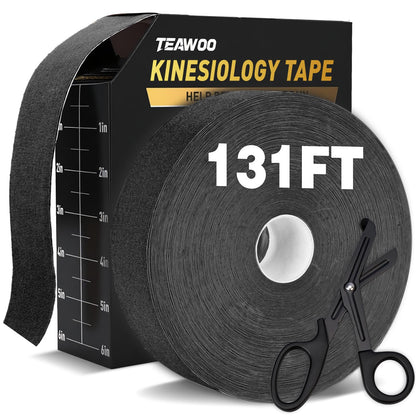(2in X 131ft) TEAWO Kinesiology Tape Bulk Roll, Waterproof Hypoallergenic Latex-Free Sports Tape, Muscle & Joint Support for Athletes, Free Cut with Bonus Specialized Scissors (Black)