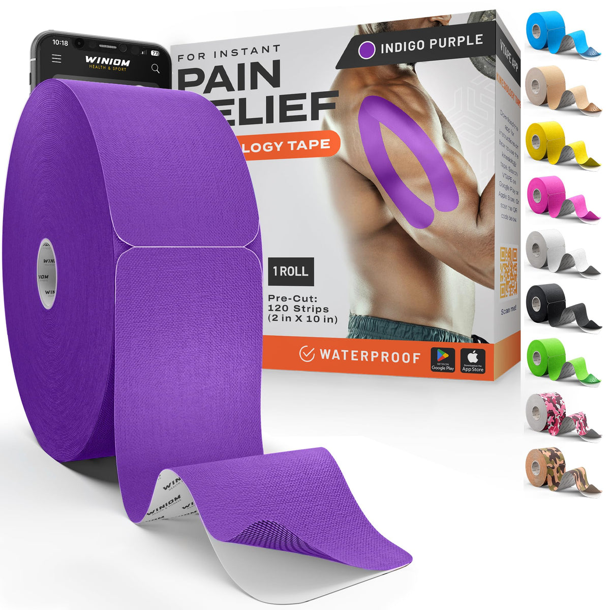 Kinesiology Tape - Waterproof Athletic Sports Tape for Knee, Shoulder, Arm & Back Support | 3-5 Day Adhesion, Hypoallergenic & Latex-Free + Taping Guide (Precut, 2"x16.4ft Roll, Indigo Purple)