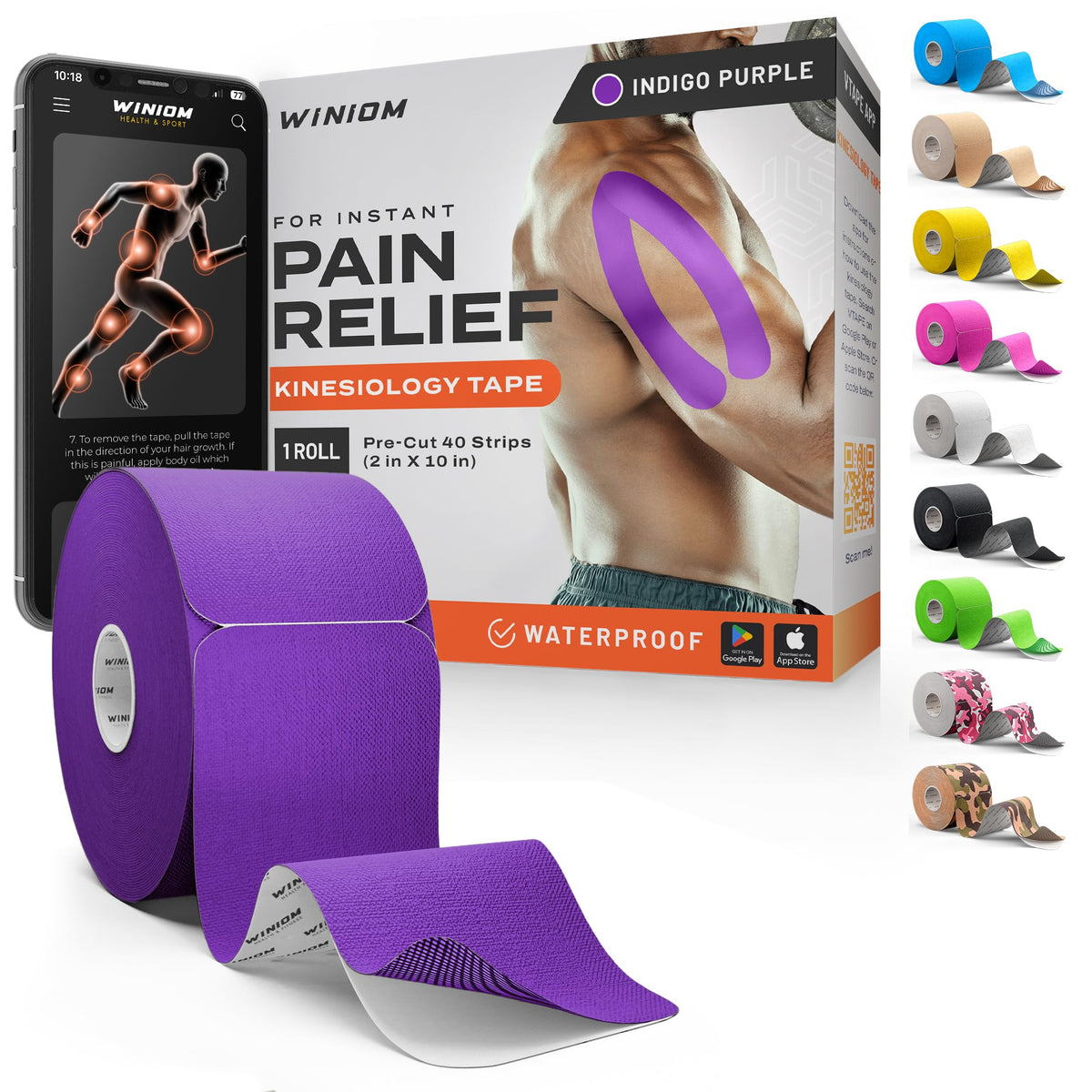 Kinesiology Tape - Waterproof Athletic Sports Tape for Knee, Shoulder, Arm & Back Support | 3-5 Day Adhesion, Hypoallergenic & Latex-Free + Taping Guide (Precut, 2"x16.4ft Roll, Indigo Purple)