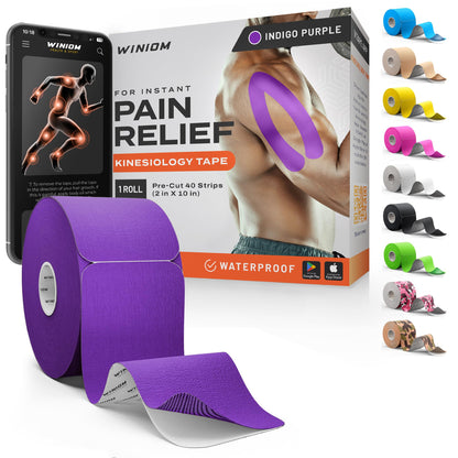 Kinesiology Tape - Waterproof Athletic Sports Tape for Knee, Shoulder, Arm & Back Support | 3-5 Day Adhesion, Hypoallergenic & Latex-Free + Taping Guide (Precut, 2"x16.4ft Roll, Indigo Purple)
