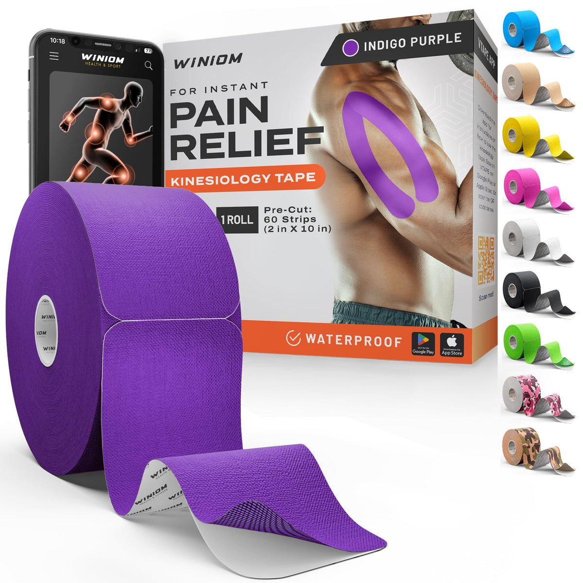 Kinesiology Tape - Waterproof Athletic Sports Tape for Knee, Shoulder, Arm & Back Support | 3-5 Day Adhesion, Hypoallergenic & Latex-Free + Taping Guide (Precut, 2"x16.4ft Roll, Indigo Purple)
