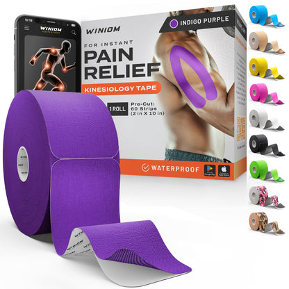 Kinesiology Tape - Waterproof Athletic Sports Tape for Knee, Shoulder, Arm & Back Support | 3-5 Day Adhesion, Hypoallergenic & Latex-Free + Taping Guide (Precut, 2"x16.4ft Roll, Indigo Purple)