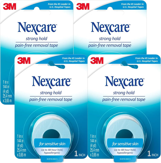 Nexcare Sensitive Skin Low Trauma Tape, 4 Count – Gentle Adhesive Medical Tape for Fragile or Delicate Skin, Hypoallergenic & Latex-Free, Ideal for Post-Surgery Care, Pediatric Use, Frequent Changes