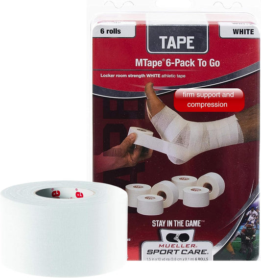 Mueller Sports Medicine MTape Rolls to Go, Quality Athletic Tape, Easy to Tear for Fast & Effective Taping, 1.5" x 10 Yards Per Roll, 6 Rolls