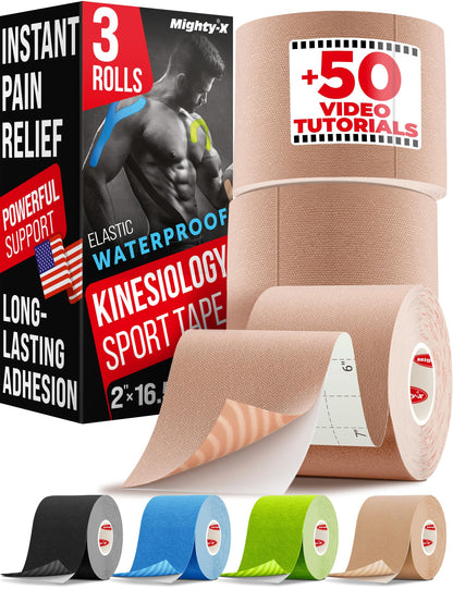 Waterproof Kinesiology Tape - 3 Rolls - Knee Support & Muscle Pain Relief - 16.4 ft Uncut Sports Kinetic Tape for Joint Stability - 50 Instructional Videos