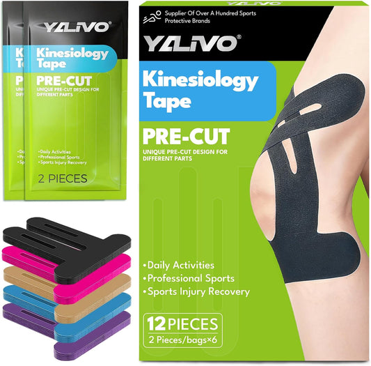 Precut Kinesiology Tape for Knees, 12 Pcs Individual Packaged (Black)