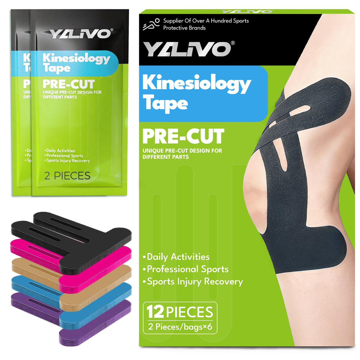 Precut Kinesiology Tape for Knees, 12 Pcs Individual Packaged (Black)