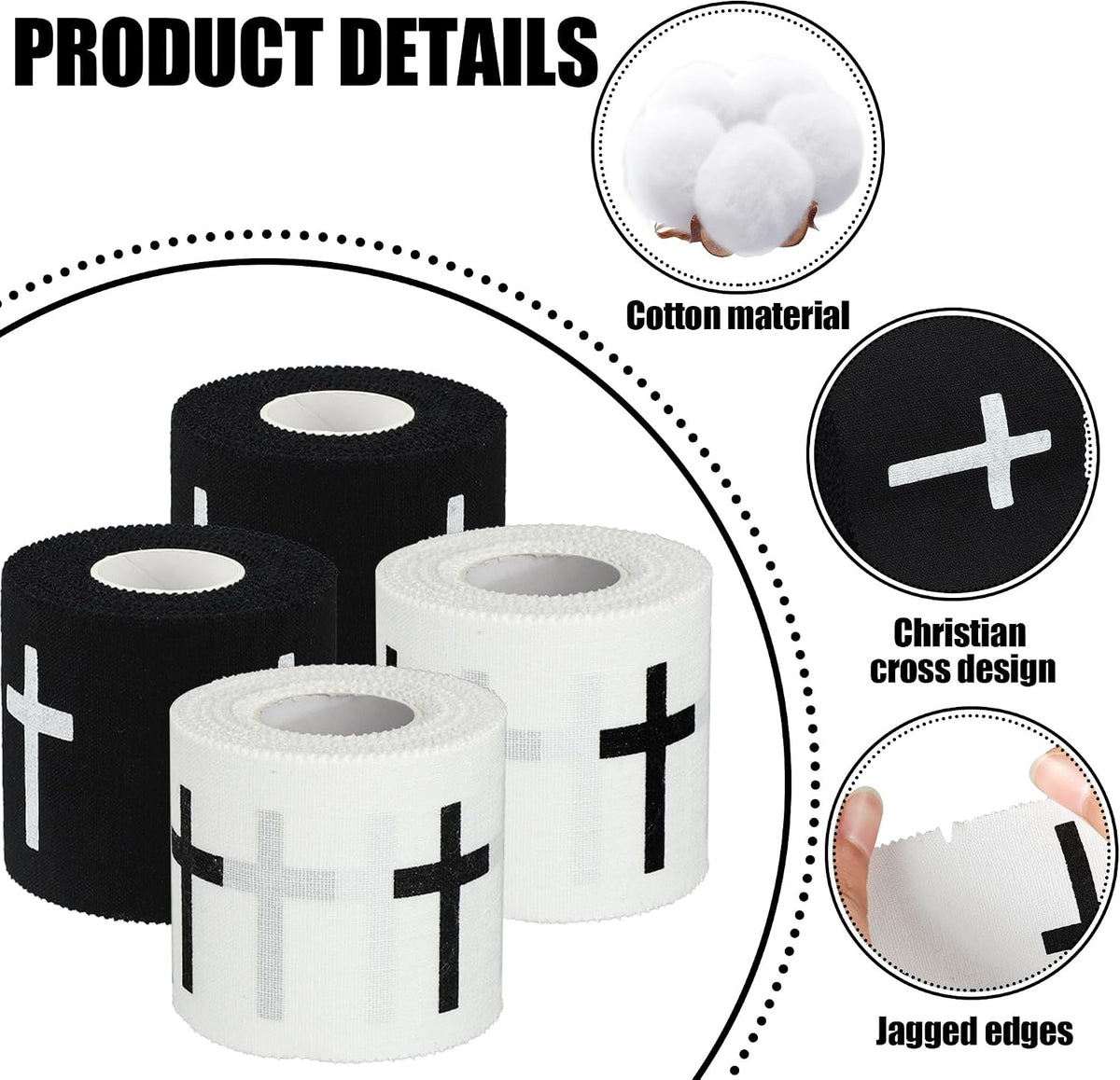 4 Pcs Christian Athletic Tapes Religious Sport Tape with Cross White Black Cross Athletic Wrist Tapes for Sports Gymnastics Tennis Baseball Boxing Athlete First Aid Injury Wrap, 2inx23ft
