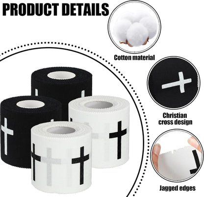 4 Pcs Christian Athletic Tapes Religious Sport Tape with Cross White Black Cross Athletic Wrist Tapes for Sports Gymnastics Tennis Baseball Boxing Athlete First Aid Injury Wrap, 2inx23ft
