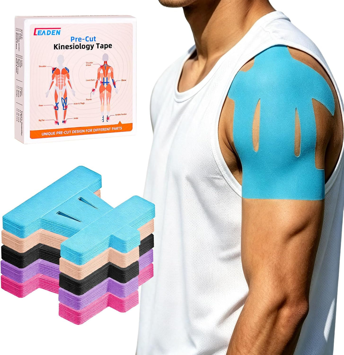 Precut Kinesiology Tape for Shoulder, 10 Pcs, Blue