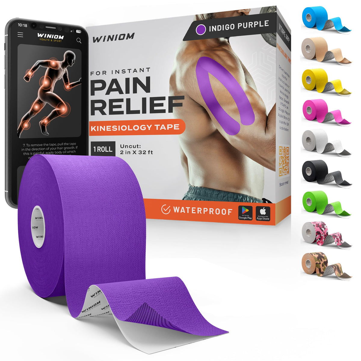 Kinesiology Tape - Waterproof Athletic Sports Tape for Knee, Shoulder, Arm & Back Support | 3-5 Day Adhesion, Hypoallergenic & Latex-Free + Taping Guide (Precut, 2"x16.4ft Roll, Indigo Purple)