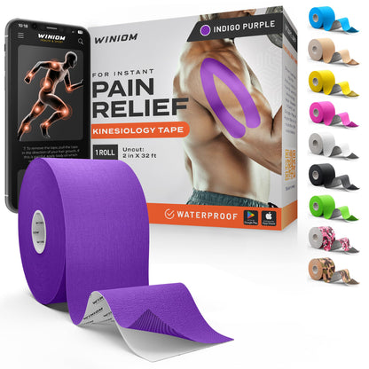 Kinesiology Tape - Waterproof Athletic Sports Tape for Knee, Shoulder, Arm & Back Support | 3-5 Day Adhesion, Hypoallergenic & Latex-Free + Taping Guide (Precut, 2"x16.4ft Roll, Indigo Purple)