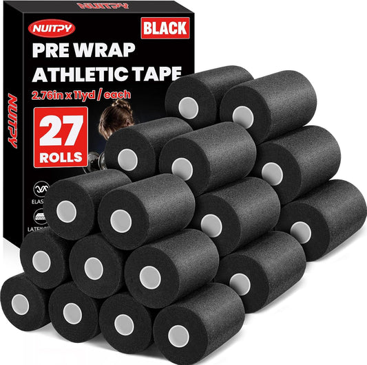 27 Pack Black Pre Wrap Tape, 2.76 Inch x 11 Yards Prewrap Athletic Tape