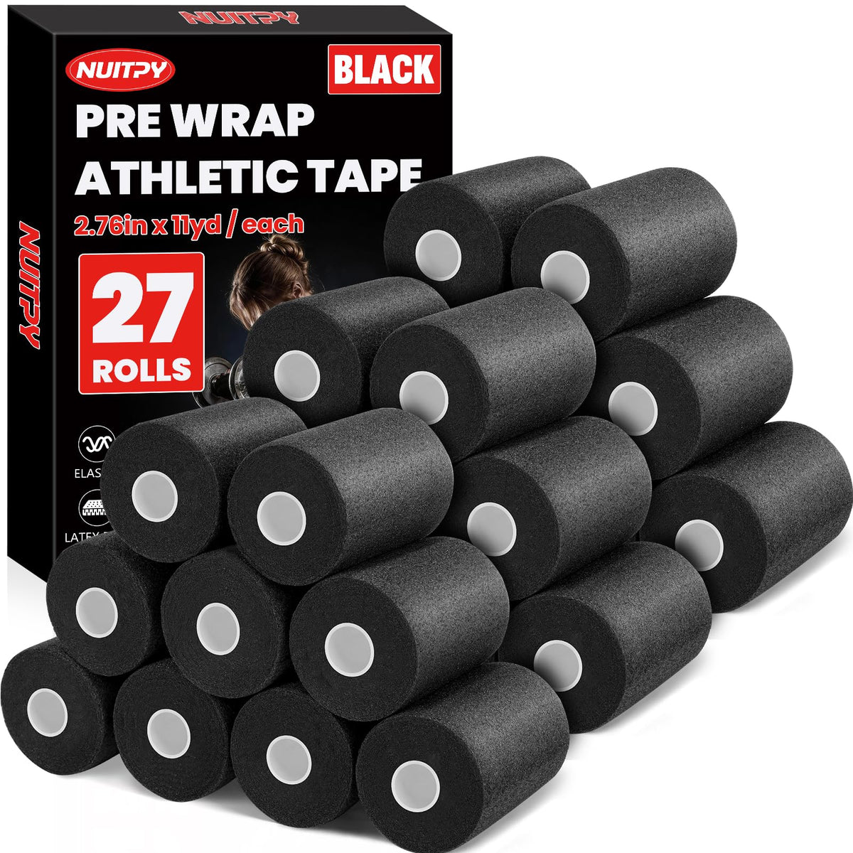27 Pack Black Pre Wrap Tape, 2.76 Inch x 11 Yards Prewrap Athletic Tape