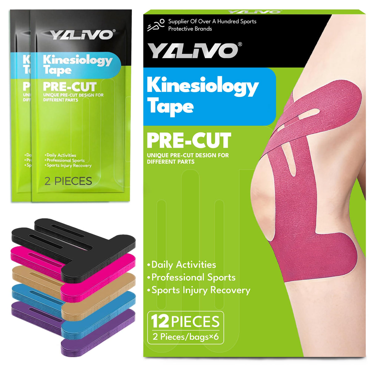 Precut Kinesiology Tape for Knees, 12 Pcs Individual Packaged (Black)